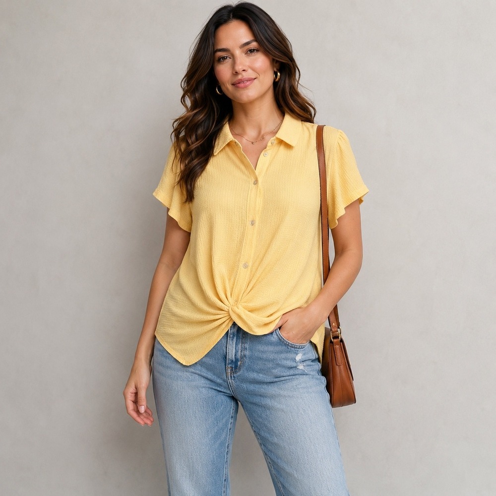 Kathy Ireland Blouse 2X Yellow Twist Front Flutter Sleeve Button Down
